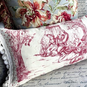 Red Toile Pillow Cover: French Country Cottage Style with Pom Trim
