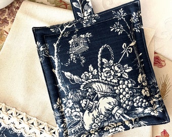 Blue Floral Toile Potholder: French Country Kitchen Decor