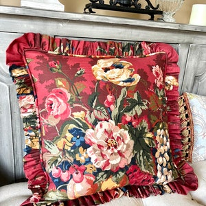 P Kauffman Queensland Crimson Ruffled Pillow Cover, Burgundy Red Floral Fabric, Decorative Floral Throw Pillow, French Country, Cottage,