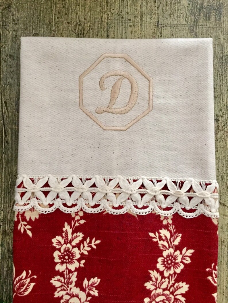 Red Floral Tea Towel Floral Hand Towel Monogrammed Hand Etsy