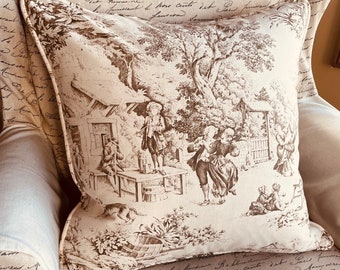 Brown Toile Pillow Cover, Stof Festin Beige Fabric, French Country Throw Pillow, Decorative Corded Toss Pillow, Cottage Style Home Decor