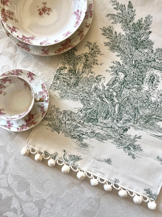 Green Toile Table Runner: French Country Kitchen Linen with Pom Pom Trim