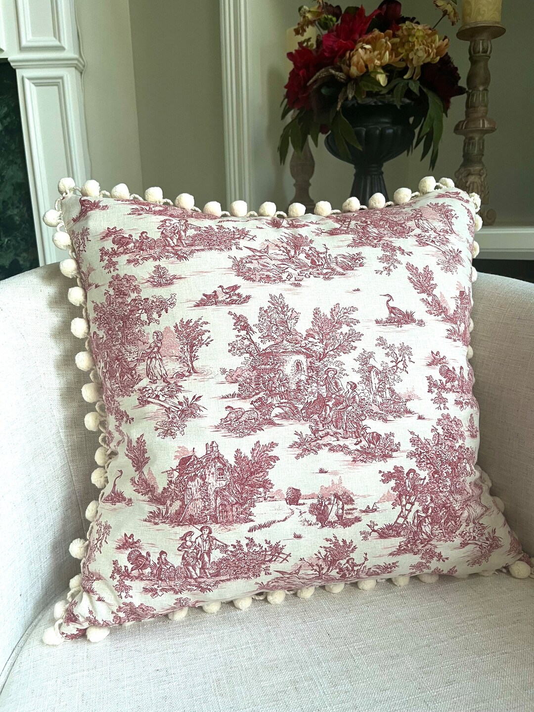 Red Toile Pillow Cover, French Country Throw Pillow Cover, Decorative