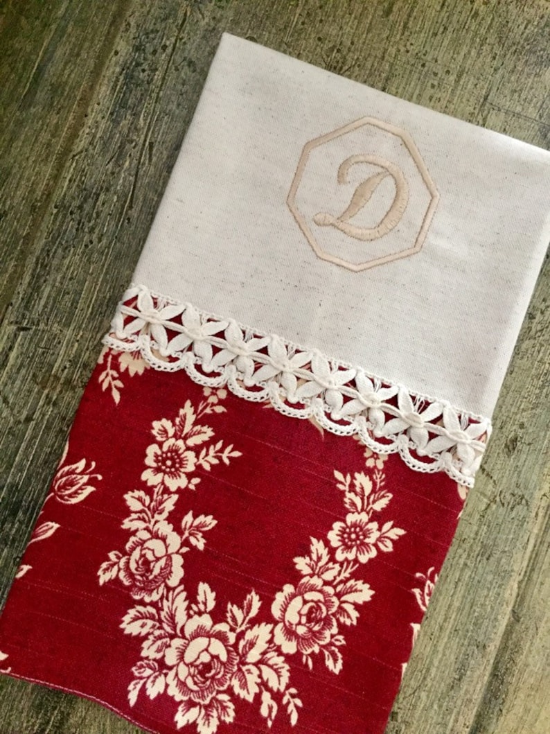 Red Floral Tea Towel Floral Hand Towel Monogrammed Hand Etsy