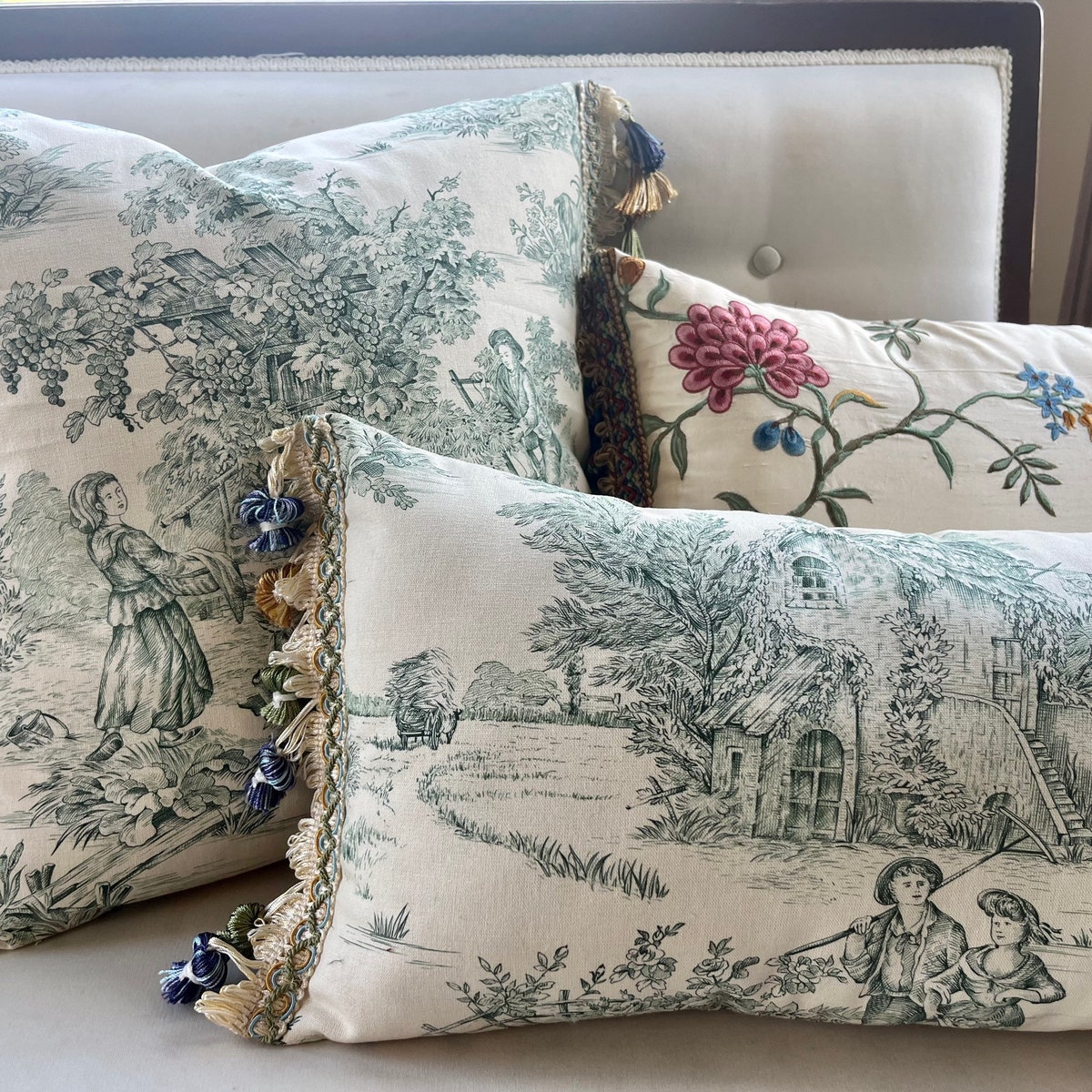 Green Toile Pillow Cover With Trim