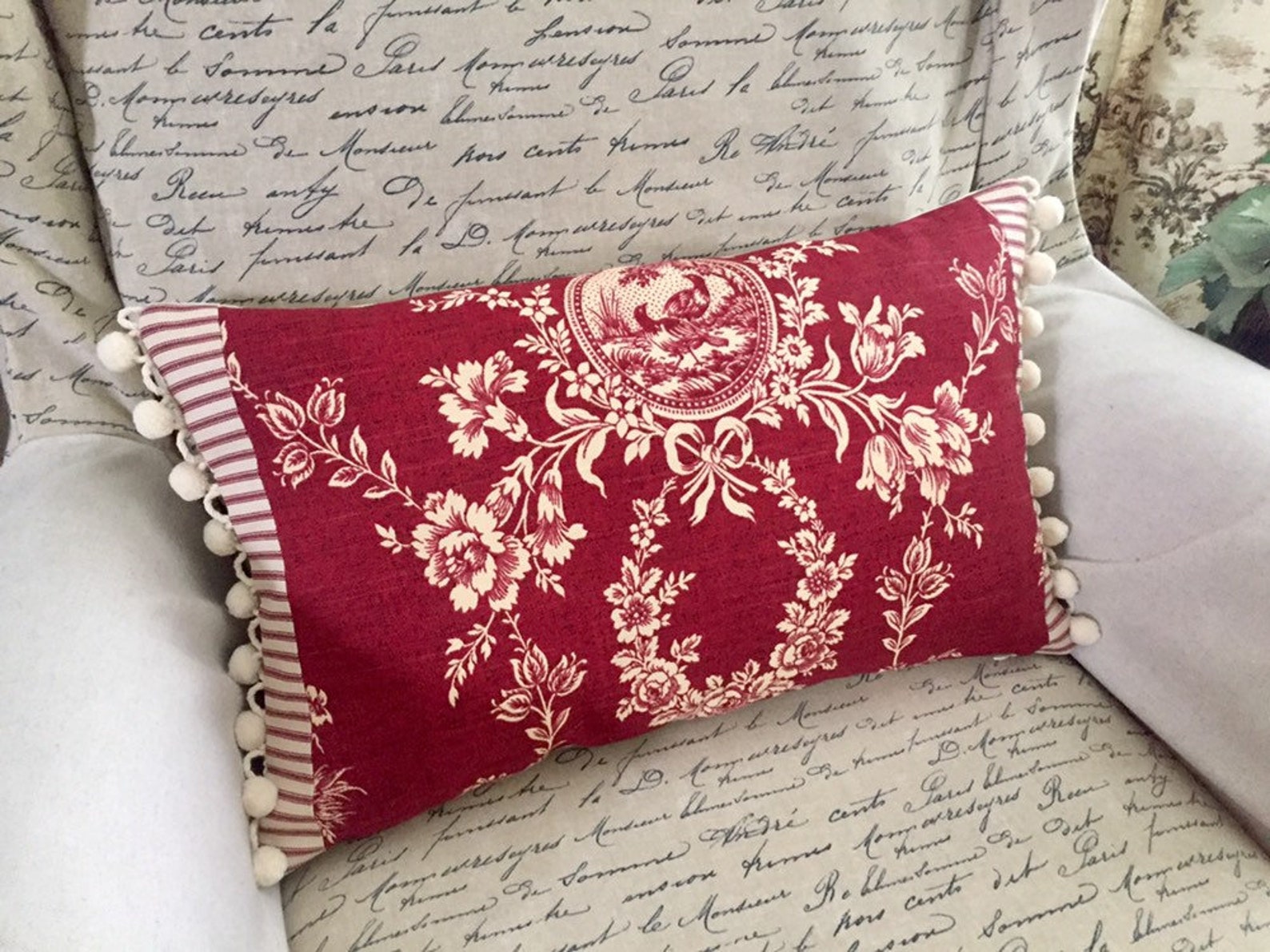 Red Floral Toile Pillow Cover Waverly Red Fabric French Etsy