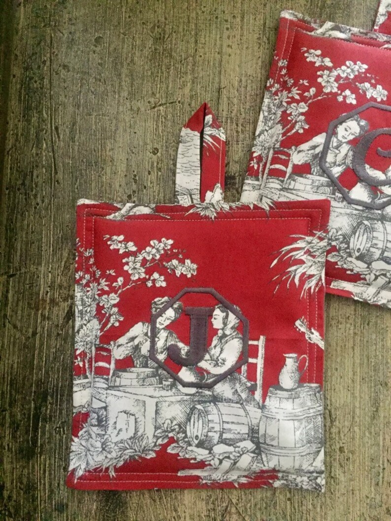 Red Toile Pot Holder Monogram Potholder Kitchen Linens Etsy