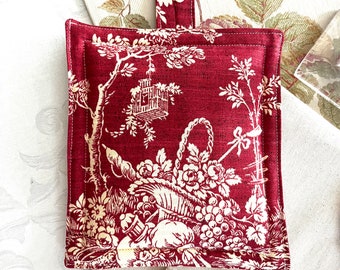 Red Floral Toile Potholder, French Country Pot Holder, Kitchen Linens, Waverly Toile Fabric, Hostess Gift, European, Cottage, Farmhouse