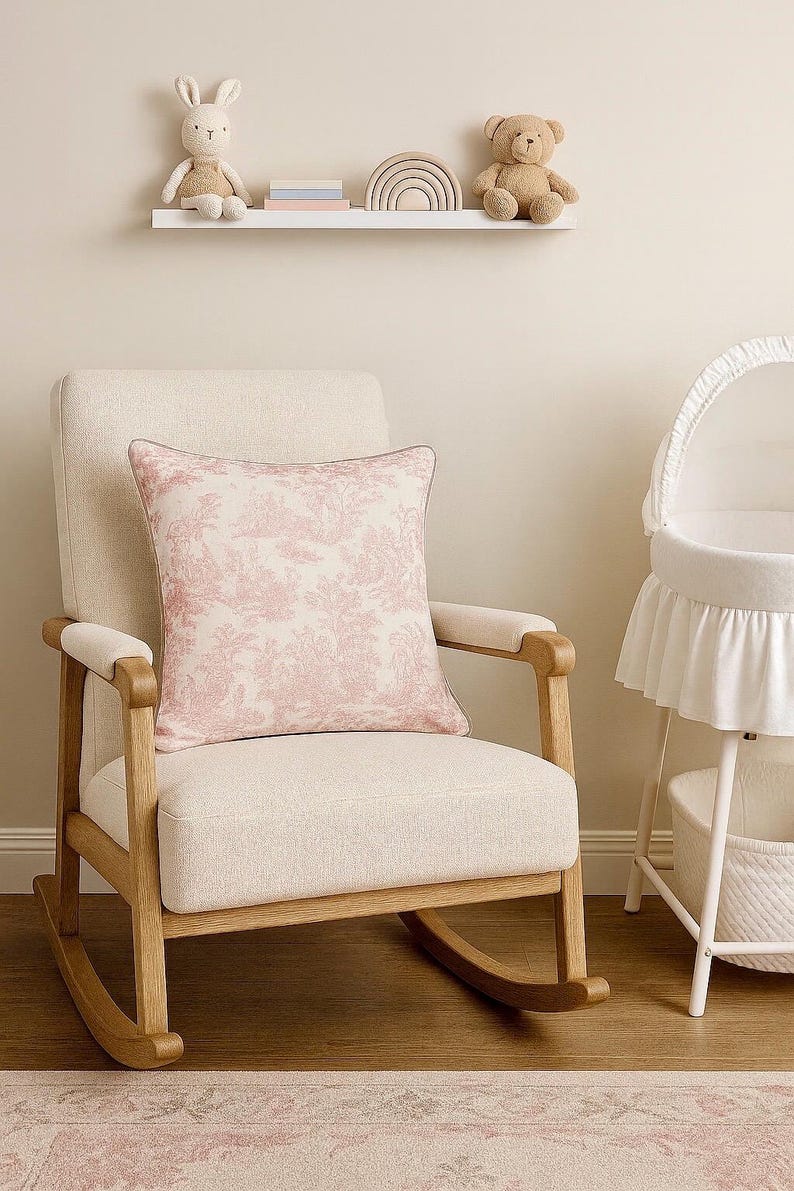 Pink toile corded pillow cover, French Country Cottage Nursery Decor.