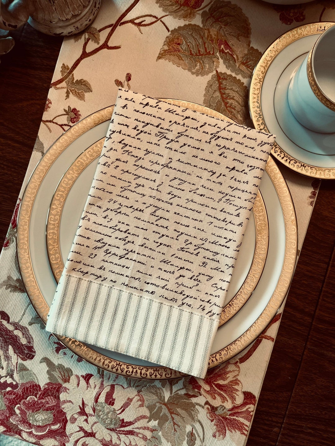 French Script Fingertip Towel, French Country Hand Towel, Beige Toile