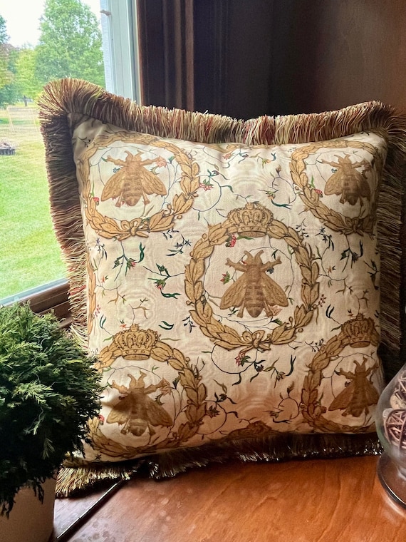 Queen Bee Pillow Cover: French Napoleon Fabric, Brush Fringe Trim