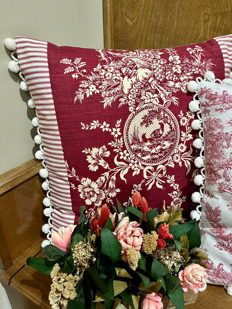 Red Floral Toile Pillow Cover Waverly Red Fabric French Etsy
