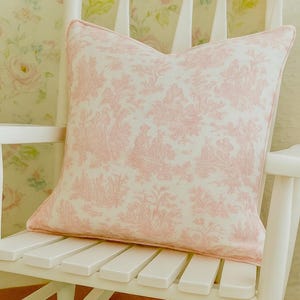 Pink toile corded pillow cover, French Country Cottage Nursery Decor.