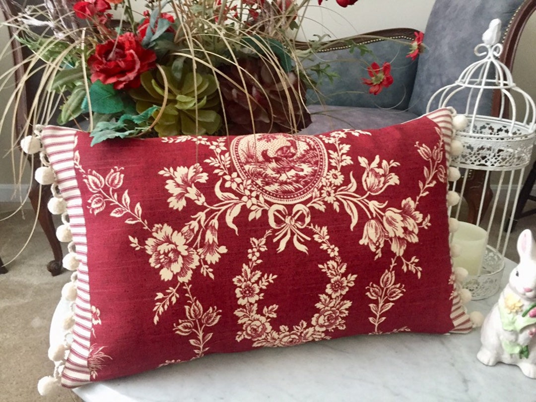 Red Floral Toile Pillow Cover, Waverly Red Fabric, French Country Throw