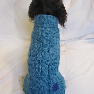 May include: A teal blue knitted dog sweater with a cable knit pattern and a small blue button on the back.
