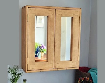 Wooden bathroom mirror cabinet, modern rustic medicine cabinet, over sink 60Wx65Hx18D cm, 2 doors, 3 shelves, custom handmade Somerset UK