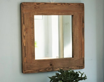 wooden wall mirror with extra wide natural rustic wood frame, modern farmhouse boho industrial 65 H x 63 W cm custom handmade in Somerset UK