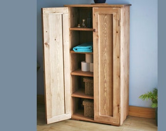 Bathroom linen cupboard, tall rustic utility cabinet, 130H X 68W x 36.5D cm in natural wood, custom made Somerset cottage UK Not free delive