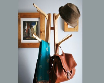 Wooden hat & coat stand 1.6 m tall, 8 hanger hooks in natural wood, modern rustic sculptural hall tree made in Somerset UK Not free delivery