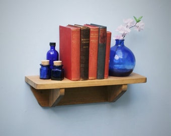 small wooden shelf, natural wood bookshelf with brackets, 44 cm L x 15 cm D, industrial, rustic farmhouse style custom handmade Somerset UK