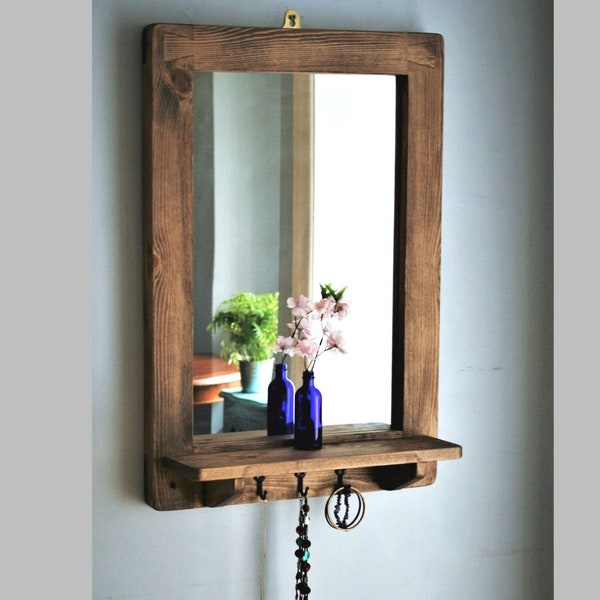 Wooden mirror with shelf & 3 cast iron key coat hooks 76H X 52W cm dark wood hallway mirror, salon, bathroom, hat rack, handmade Somerset UK