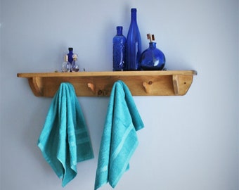 wooden bathroom wall shelf with 4 to 6 peg, towel, coat hooks 90 cm long, industrial, boho, rustic farmhouse, custom handmade in Somerset UK