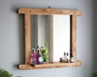 Bathroom styling mirror with narrow cosmetic shelf in natural rustic wood 65W x 55H cm boho, industrial, farmhouse, handmade in Somerset UK