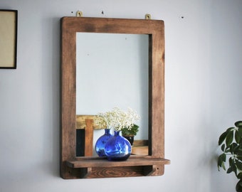 large wall mirror with shelf in natural wood, tall candle shelf, bathroom, dressing & hall mirror, custom handmade modern rustic Somerset UK