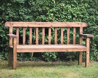 Garden bench seat, with wide arms, natural wood, rustic country cottage outdoor furniture custom handmade in Somerset UK *NOT free delivery*