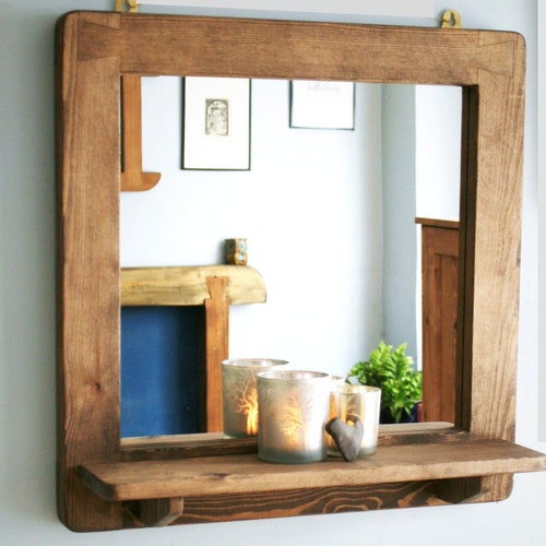 Large Mirror With Shelf in Natural Rustic Wood for Bathroom - Etsy