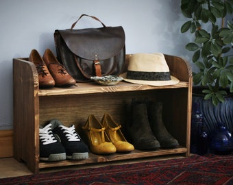 wooden hallway shoe rack & low hat bench 70 wide x 42 H x 27 D cm industrial, rustic natural wood, 2 shelves, custom handmade in Somerset UK