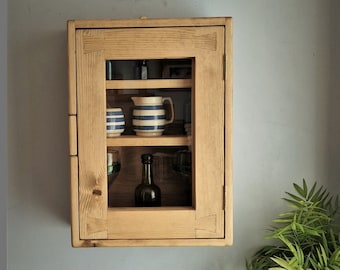 kitchen wall cabinet and storage display cupboard in natural wood, with 3 shelves, glass door, rustic farmhouse industrial style Somerset UK