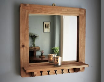 Mirror With Shelf 5 Coat Key Hooks Natural Wooden Frame Rustic Industrial Farmhouse Style 60W X 60H Cm Square Handmade in Somerset UK Etsy Canada
