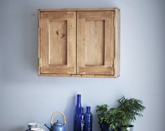 Kitchen wall cabinet, with 2 wooden panel doors & 2 shelves, natural wood, rustic farmhouse, large wall cupboard custom handmade Somerset UK