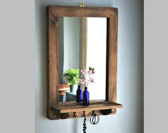 Wooden mirror with shelf & 3 cast iron key coat hooks 76H X 52W cm dark wood hallway mirror, salon, bathroom, hat rack, handmade Somerset UK