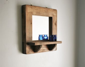 Mirror with shelf, chunky natural wooden frame display shelf, small hallway, bathroom, rustic industrial farmhouse, handmade in Somerset UK
