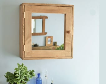 Bathroom mirror cabinet in rustic natural wood 56Hx54Wx18Dcm large over sink wall mounted medicine, 3 shelves, Somerset UK cottage farmhouse