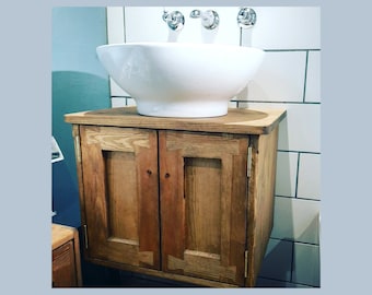 Under sink cabinet, rustic bathroom wall mounted vanity wash stand 37.5Hx50Wx38Dcm 2 doors, farmhouse cottage custom handmade in Somerset UK