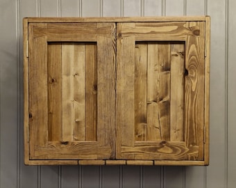 Bathroom cabinet, double wooden doors, large over sink medicine wall vanity, 3 shelves, rustic industrial, custom handmade in Somerset UK