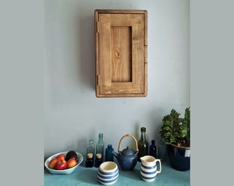 kitchen wall cabinet and slim storage cupboard in natural wood, with 3 shelves, single door, rustic dark wood, cottage style, Somerset UK