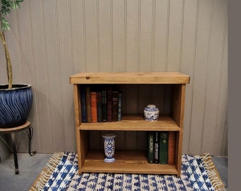 Small wooden bookcase, low bookshelf, chunky shelves 65W x 60H x 29D cm, natural wood, rustic, cottage farmhouse, handmade Somerset in UK