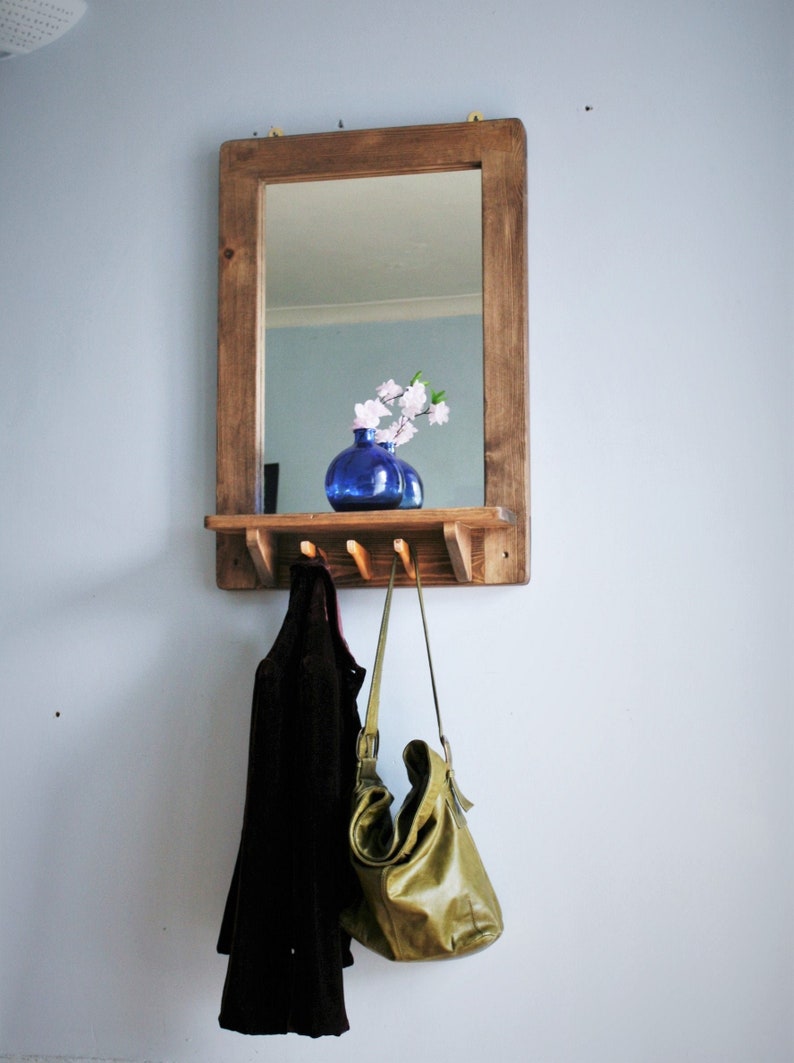 Large Wall Mirror With Shelf 3 Coat Hooks Eco Wood Frame Dark Hall Custom Handmade Modern Rustic Style Somerset Uk