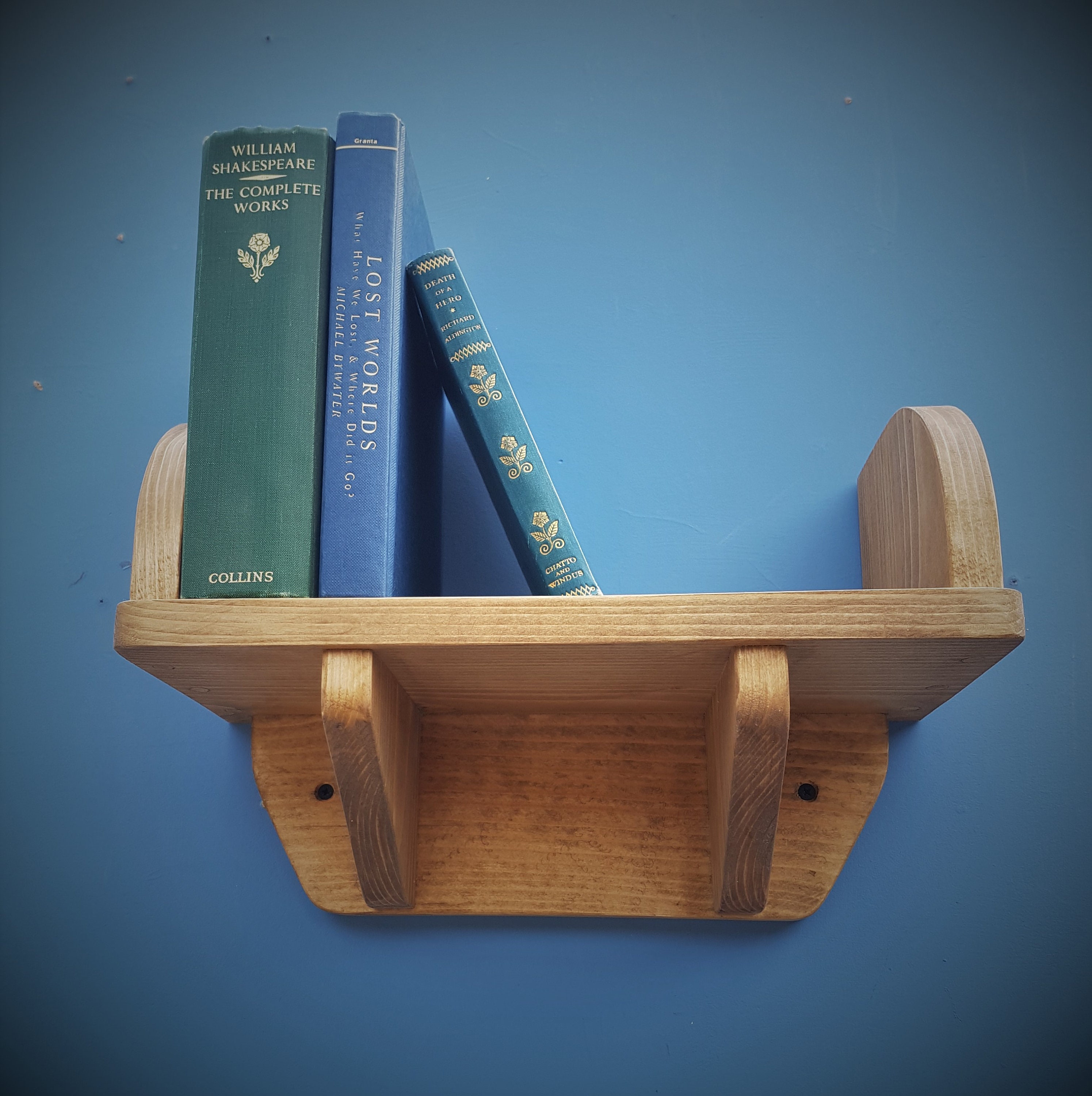 Small wooden wall shelf with book ends and wood brackets 44 cm Etsy