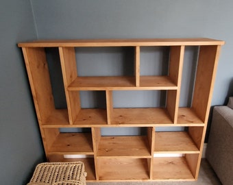 Non uniform bookcase in chunky natural wood, modern rustic wooden shelves 124W x 110 H x 30 D cm Handmade in Somerset UK *Not free delivery
