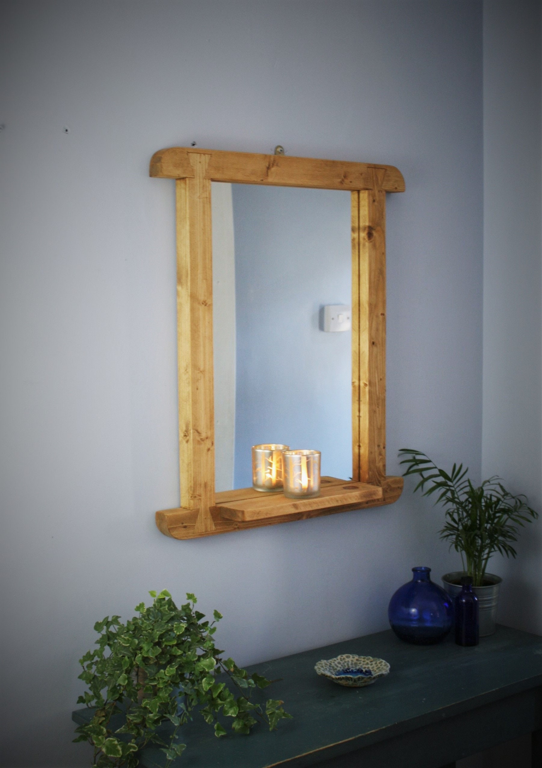 Curved Wooden Wall Mirror With Shelf Rustic Industrial Curved Wooden Wall Mirror With Shelf, Wall Mirror Shelf Wood