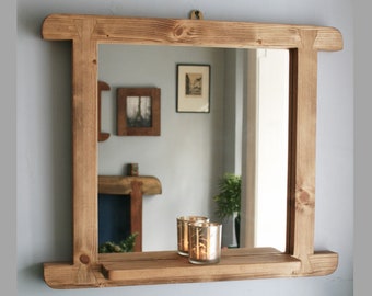Hallway mirror with narrow shelf in natural rustic wood 60W x 50H cm boho, industrial, farmhouse style curved frame, handmade in Somerset UK