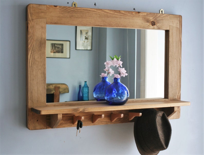 Large Mirror With Shelf 5 Coat Hooks Natural Wood Hallway Etsy UK