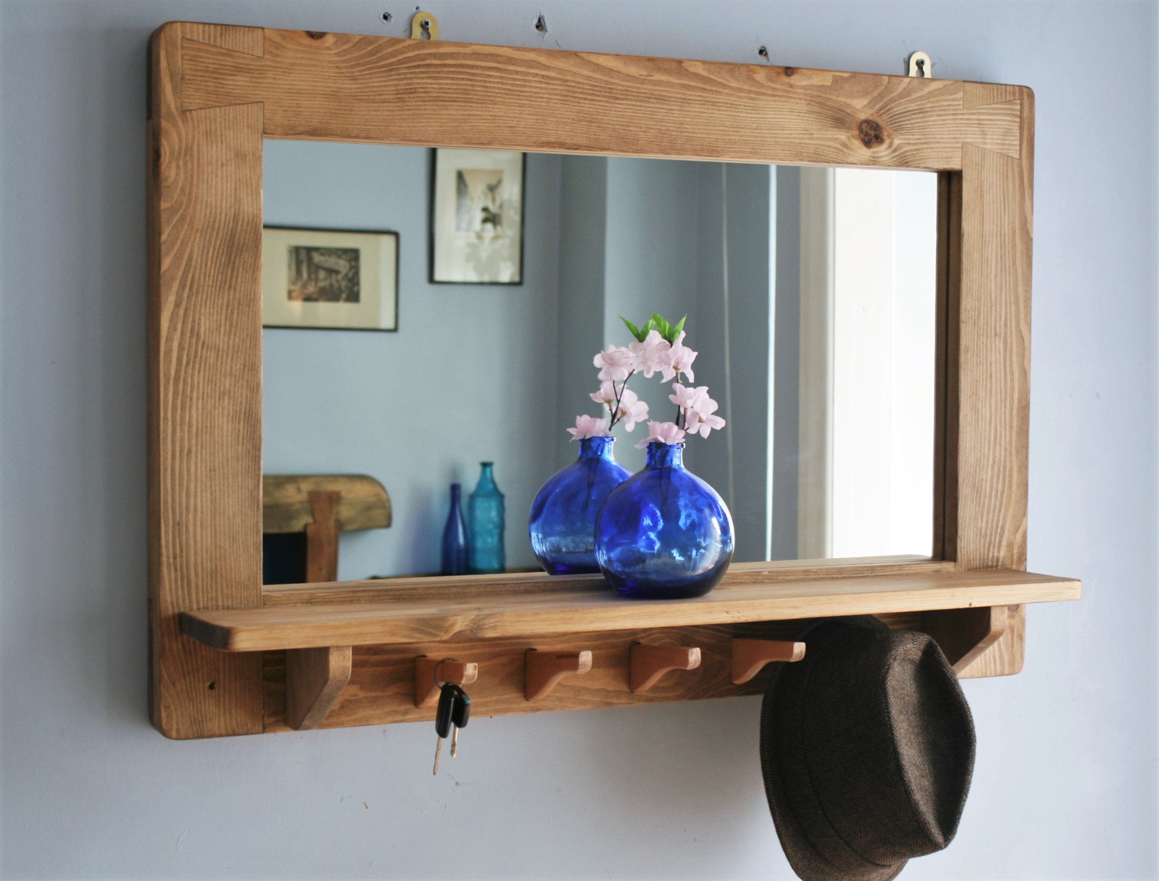 Large mirror with shelf 5 coat hooks natural wood hallway Etsy