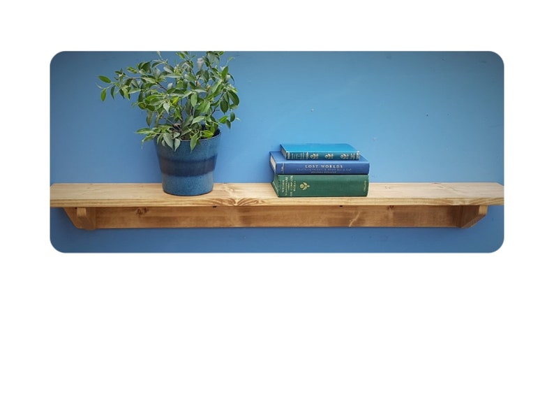Long wooden wall shelf, natural chunky mantel, single bookshelf 114cm L x 15cm D, farmhouse rustic, industrial, custom handmade Somerset UK image 5