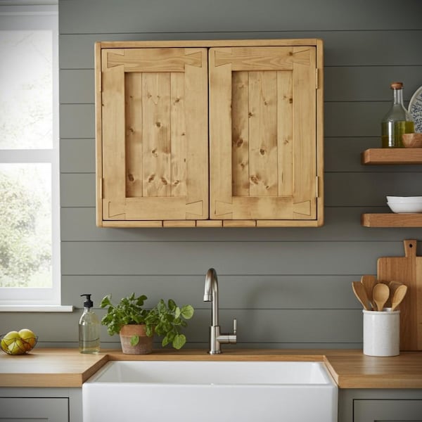 Modern rustic kitchen wall cabinet & cupboard natural wood, 2 doors, 3 storage shelves, cottage farmhouse, custom handmade in Somerset UK